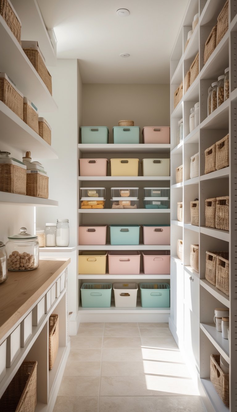 A bright pantry with neatly arranged color-coded bins on shelves and a wooden countertop, showing an organized and inviting storage space.