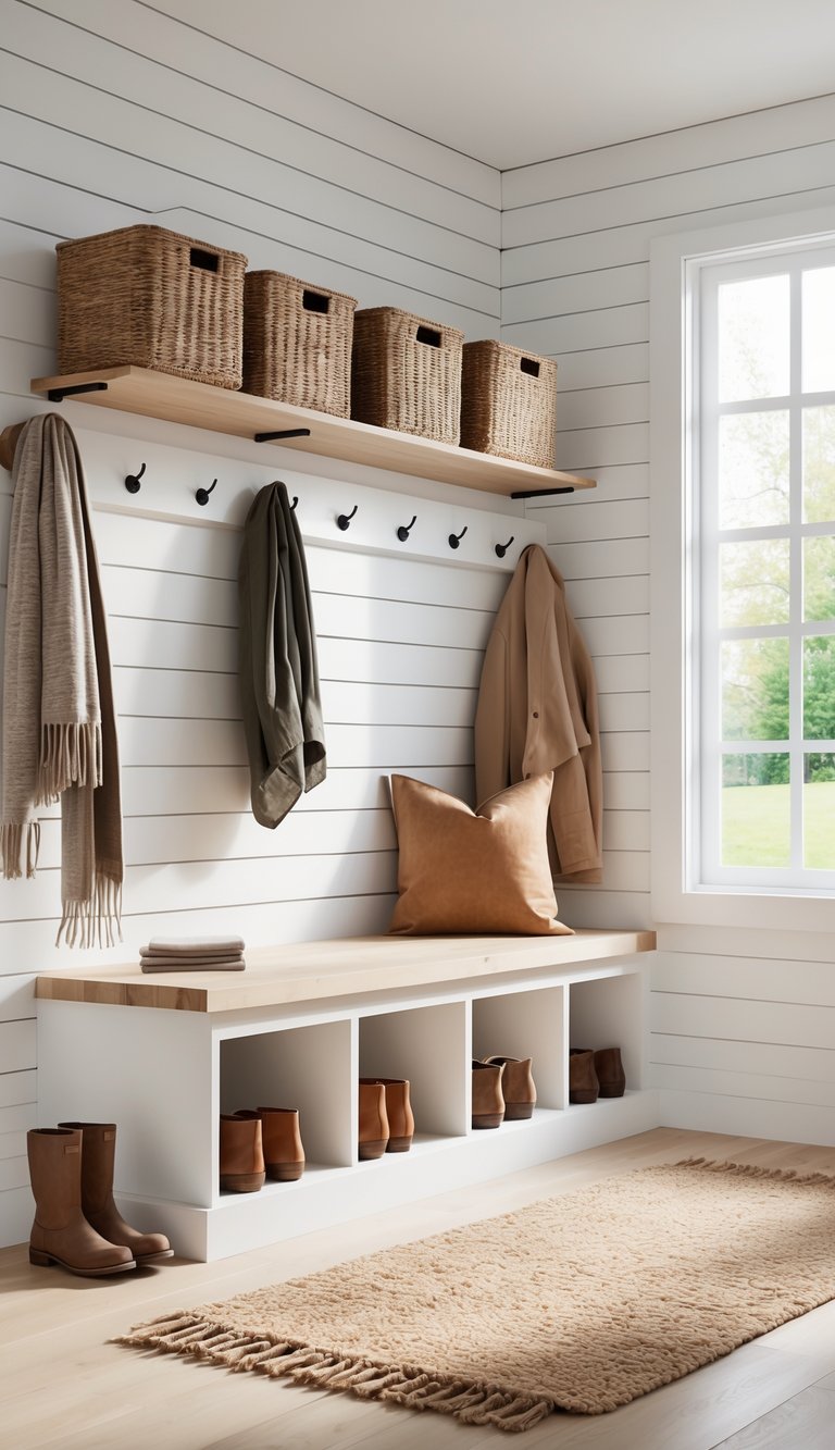 A bright mudroom with a wooden peg rail holding coats, open cubbies with baskets and shoes, a wooden bench with a cushion, and natural light coming through a window.