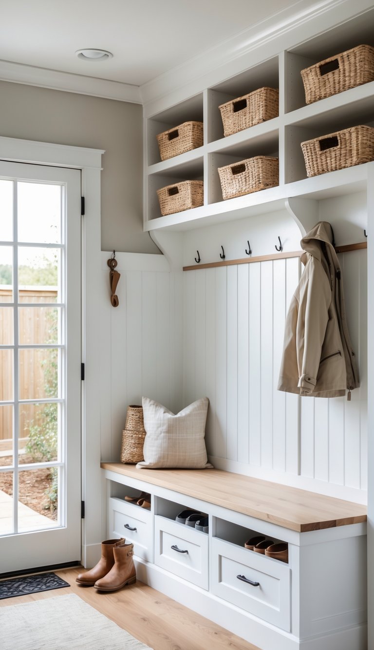 A bright mudroom with a bench, open shelves holding baskets, and a drawer with dividers organizing small items.
