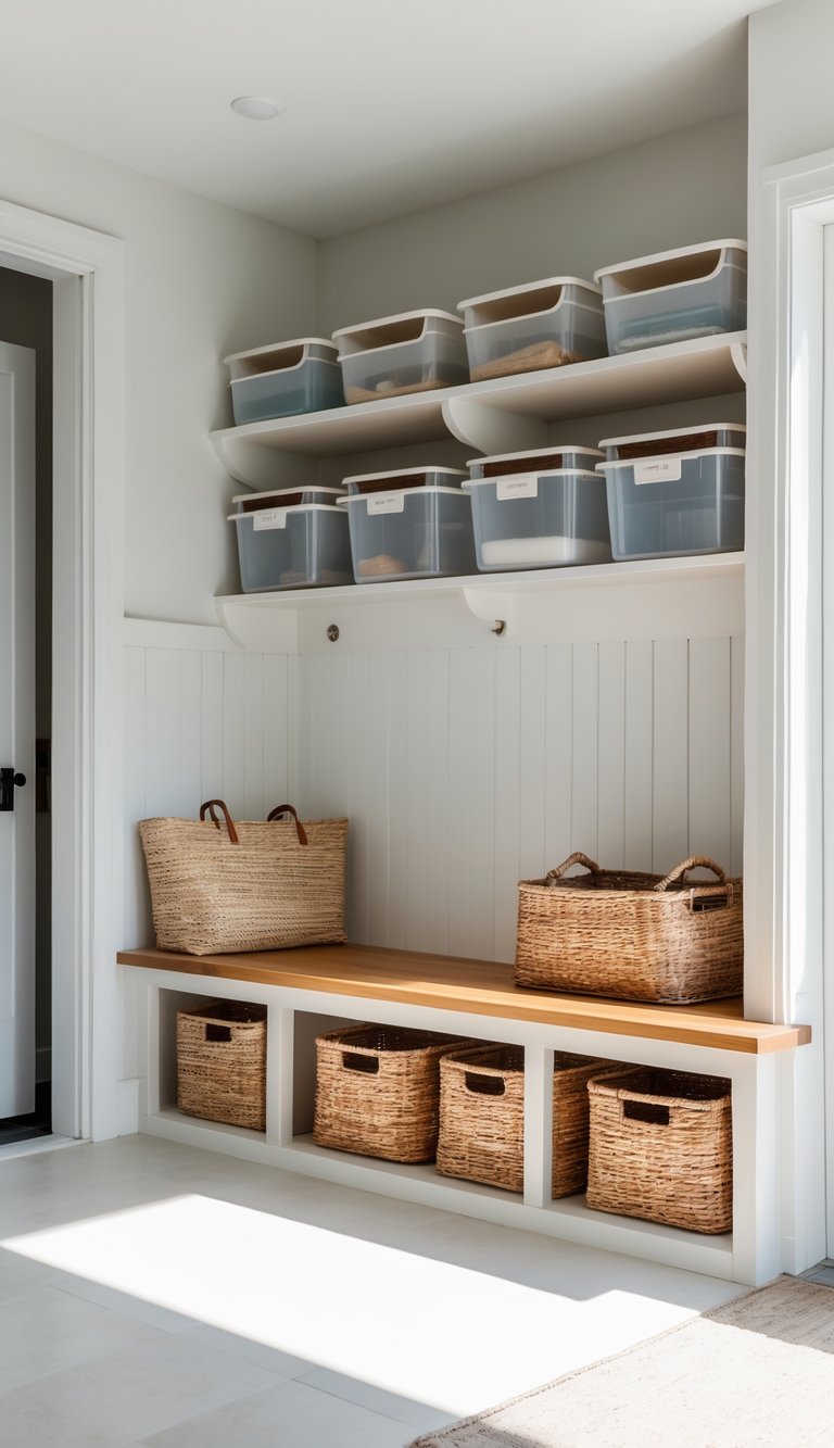 A bright mudroom with a wooden bench, woven baskets underneath, and clear plastic storage bins on shelves, arranged neatly in a clean and organized space.