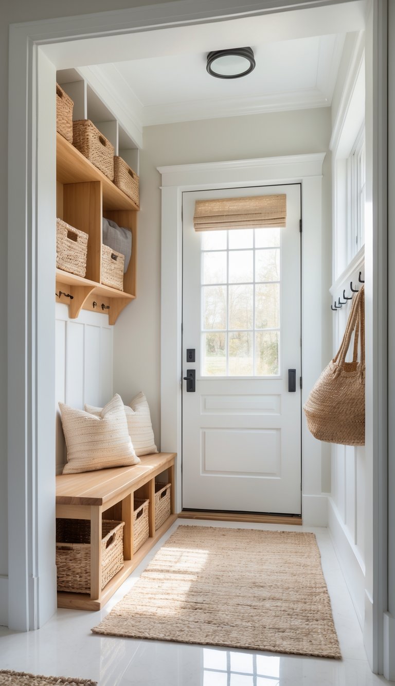 A mudroom with a wooden bench, baskets underneath, and over-the-door organizers above the door.