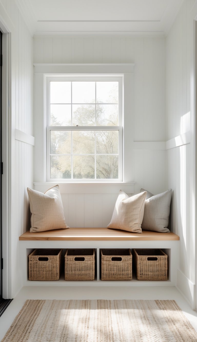 A bright mudroom with a wooden bench and baskets underneath for shoe storage, featuring clean floors and natural light.