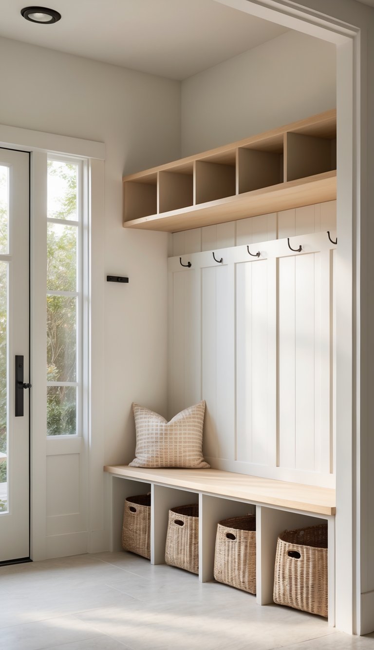 A bright mudroom with a simple bench and baskets neatly stored underneath, featuring clean floors and natural light.