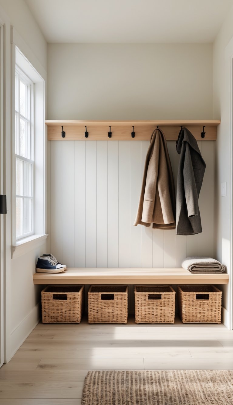 A bright mudroom with a simple bench, baskets underneath, hooks on the wall, and a clean, organized layout.