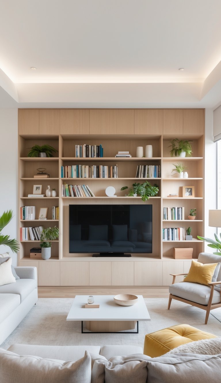 Living room with a built-in media center around a TV, featuring shelves with books and decorations, a sofa, armchair, and coffee table in a bright, clean space.