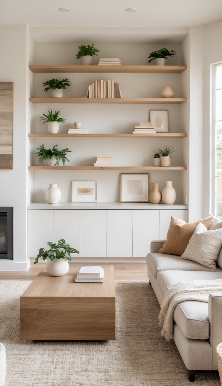 A bright living room with built-in shelves of varying heights filled with books and decor, a sofa, coffee table, and a rug arranged in a clean and inviting space.