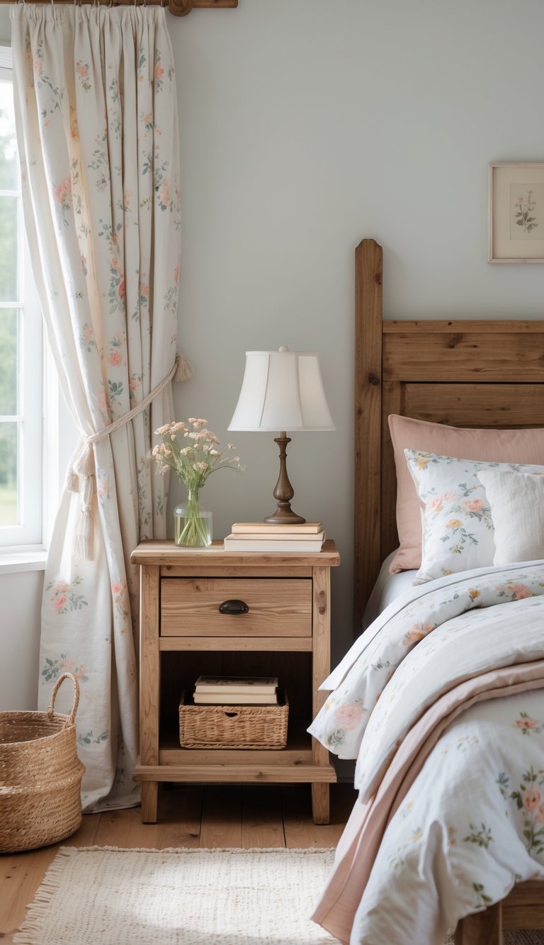 A bright bedroom featuring a wooden nightstand next to a bed with floral bedding, soft lighting, and neatly arranged furniture.