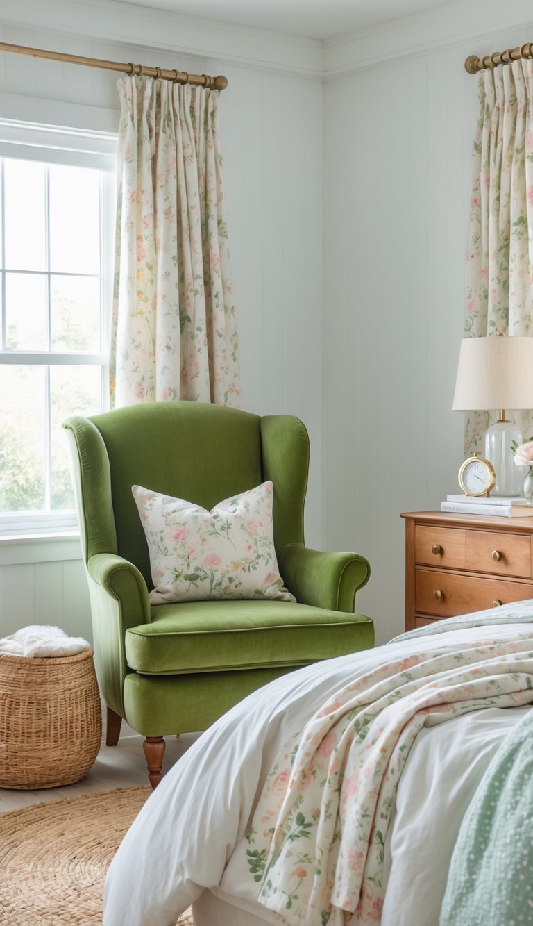 A bright bedroom with a moss green velvet armchair, soft pastel bedding, floral curtains, wooden furniture, and natural light filling the clean and cozy space.