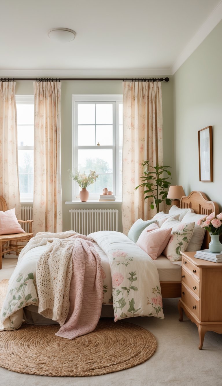 A bright bedroom with a neatly made bed, wooden furniture, floral bedding, and natural light coming through large windows.