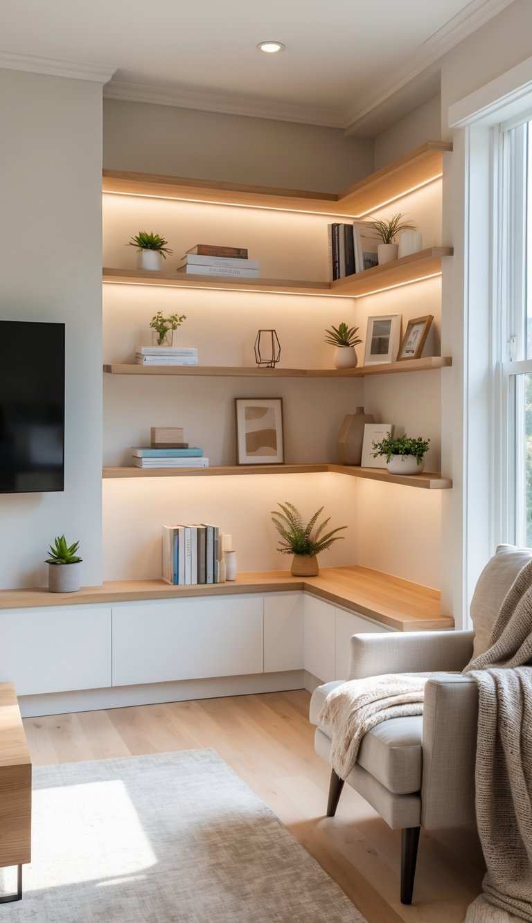A living room corner with built-in shelves illuminated by LED lights, featuring books, plants, and decorative items, next to a comfortable armchair and a light hardwood floor.