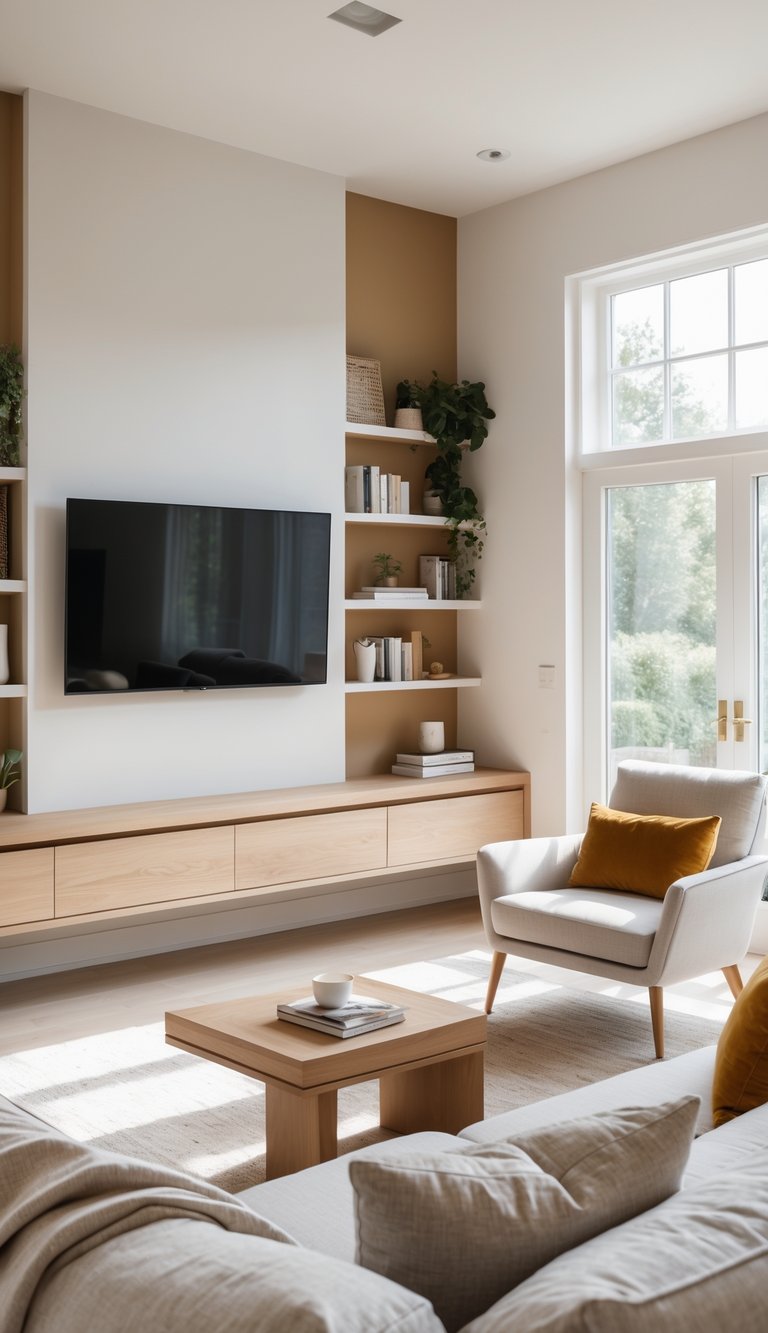 Bright living room with a built-in floating media console, shelves with books and decor, a sofa, and an armchair arranged around the media area.