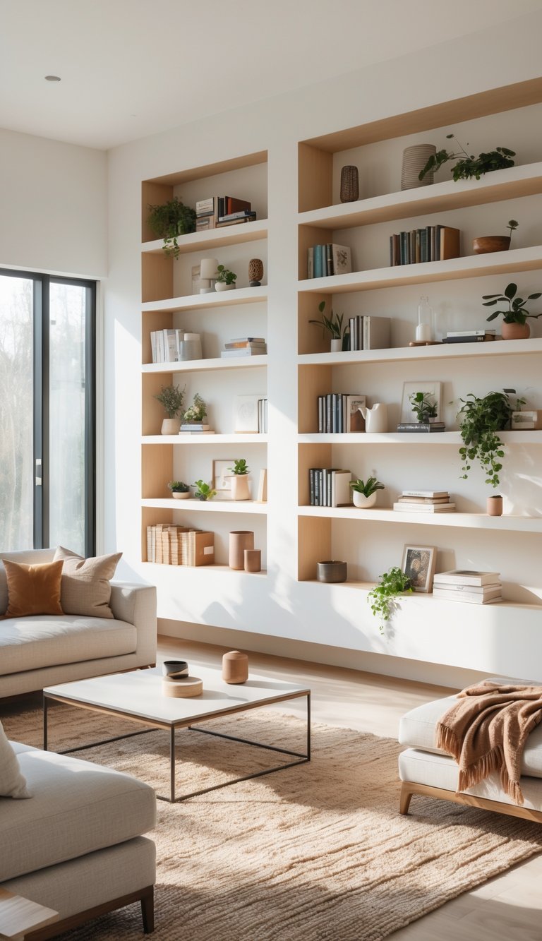A bright living room with built-in asymmetrical shelves filled with books and decor, a sofa, coffee table, and large windows letting in natural light.