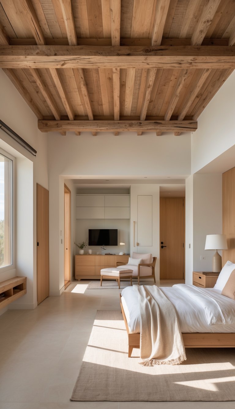 A bright bedroom with wooden ceiling beams, a neatly made bed, and simple furniture in a clean and organized space.