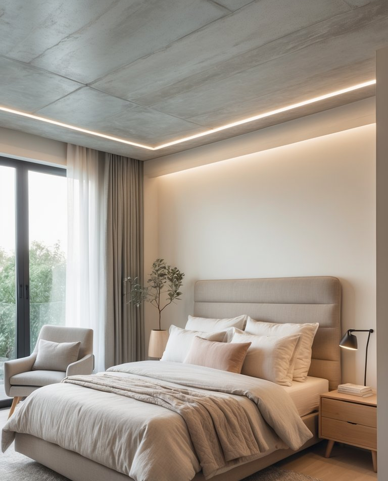 A modern bedroom featuring a concrete ceiling, soft beige tones in the bedding, and a comfortable bed with multiple pillows. There’s a small armchair next to a potted plant, large windows with sheer curtains letting in natural light, and a stylish bedside lamp on a wooden nightstand.