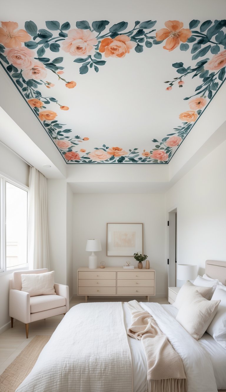 A bright bedroom with a hand-painted floral border on the ceiling, featuring a neatly arranged bed, furniture, and soft natural light.