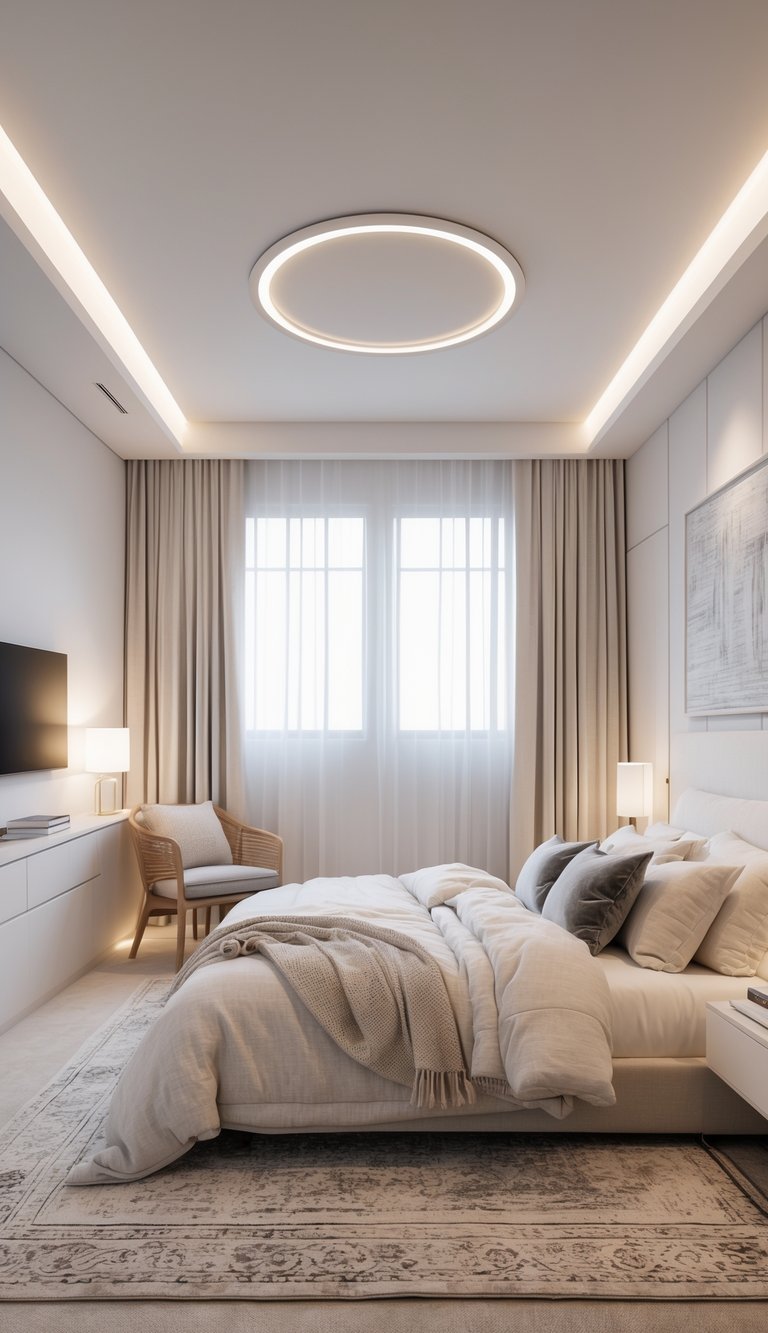 A bright bedroom with circular LED halo lights on the ceiling, a neatly made bed, a nightstand, and a cozy chair in a clean and organized space.