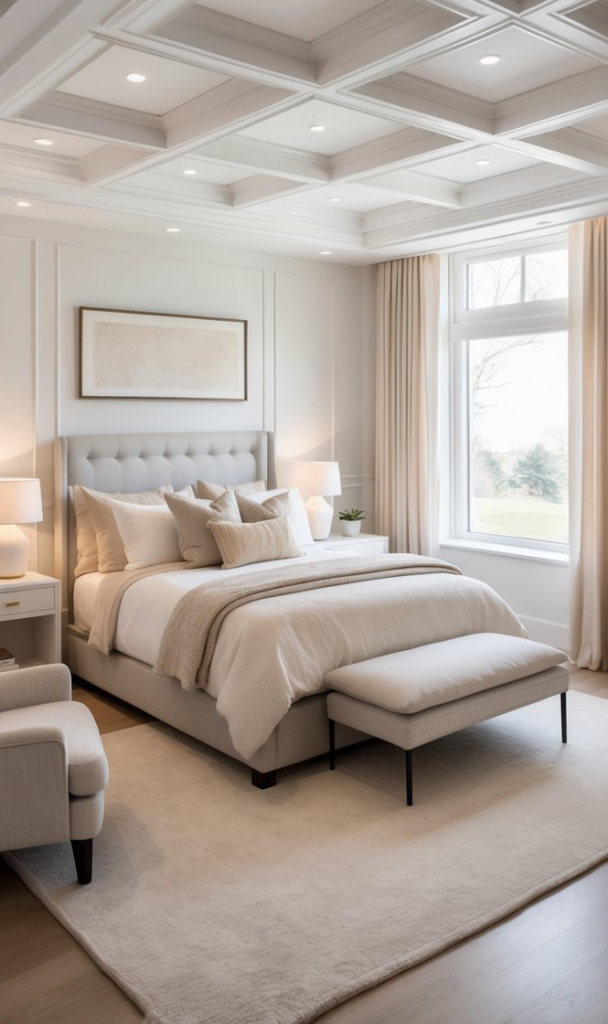 A modern bedroom featuring a light gray upholstered bed with plush pillows and a textured blanket. A small bench is positioned at the foot of the bed, and there are two bedside tables with lamps. The room is bright, with large windows dressed in sheer curtains, and has a neutral color palette with a soft area rug on the floor.