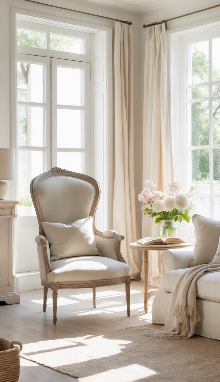 A bright living room with an antique French armchair, a sofa, a wooden coffee table, and natural light coming through large windows.