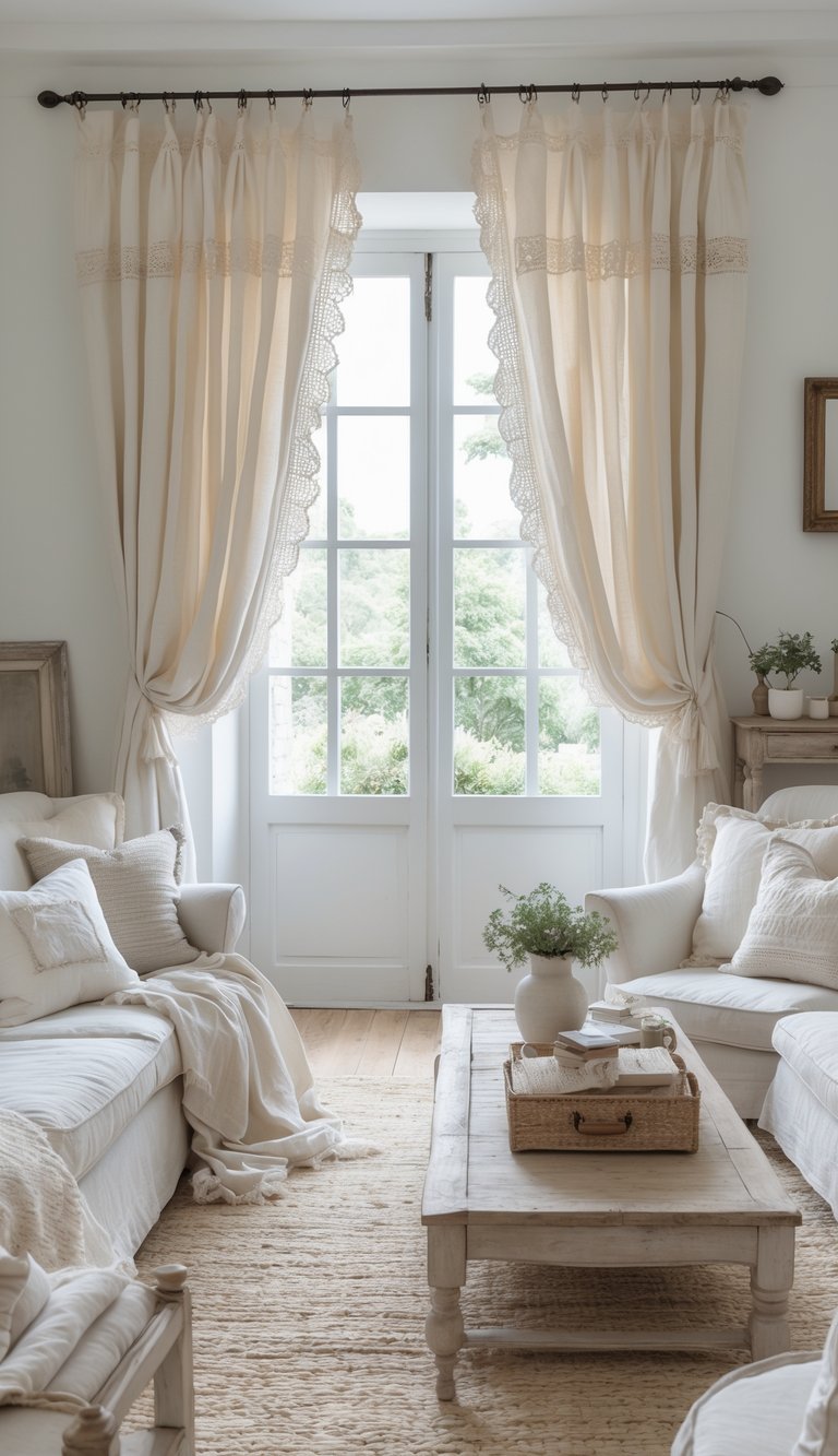 A cozy living room featuring light beige curtains, white sofas adorned with cushions, and a wooden coffee table with a decorative basket and books, set against a backdrop of green trees visible through the large window.