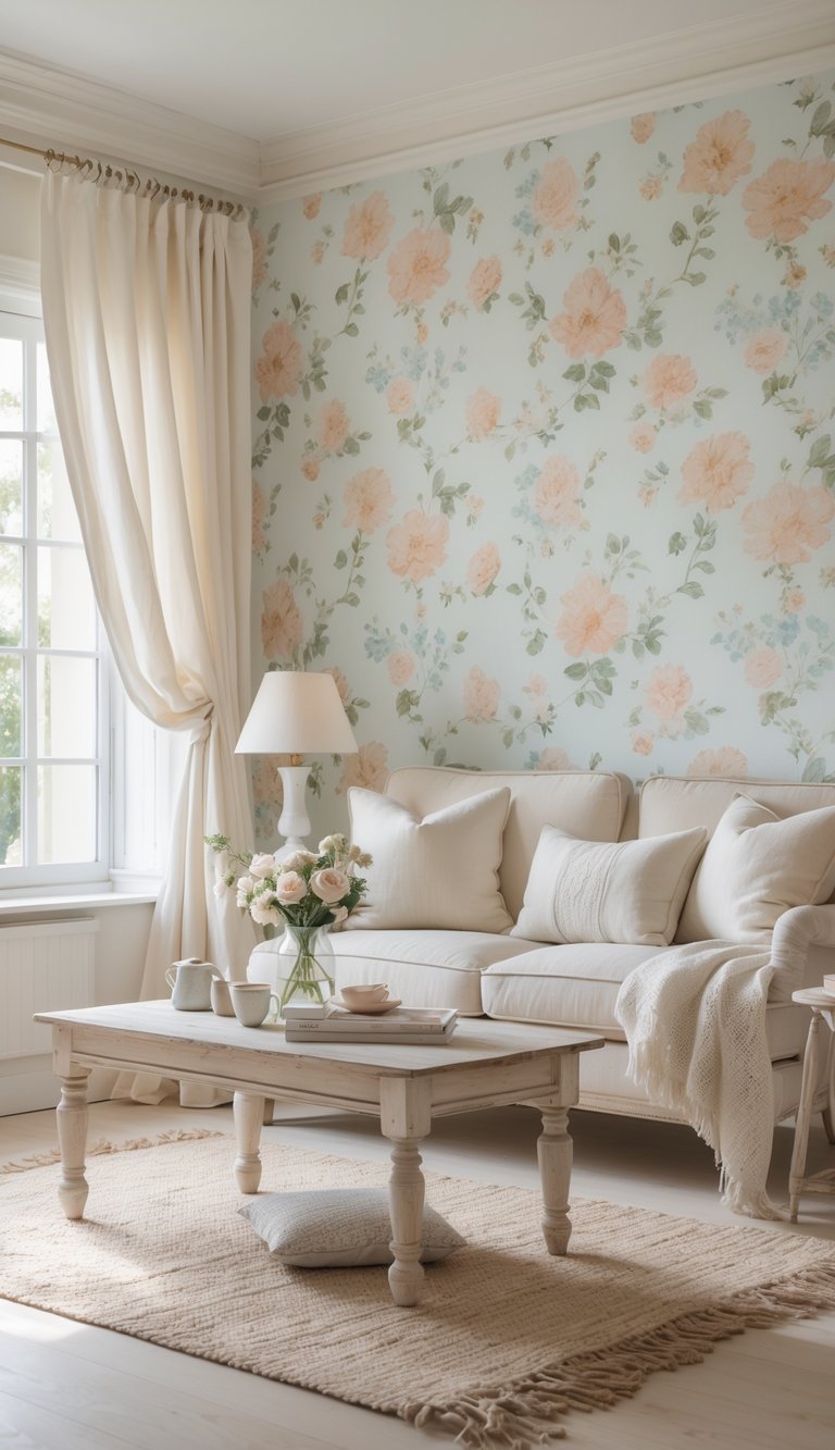 A bright living room with a floral wallpaper accent wall, a comfortable sofa, a wooden coffee table, and natural light coming through sheer curtains.