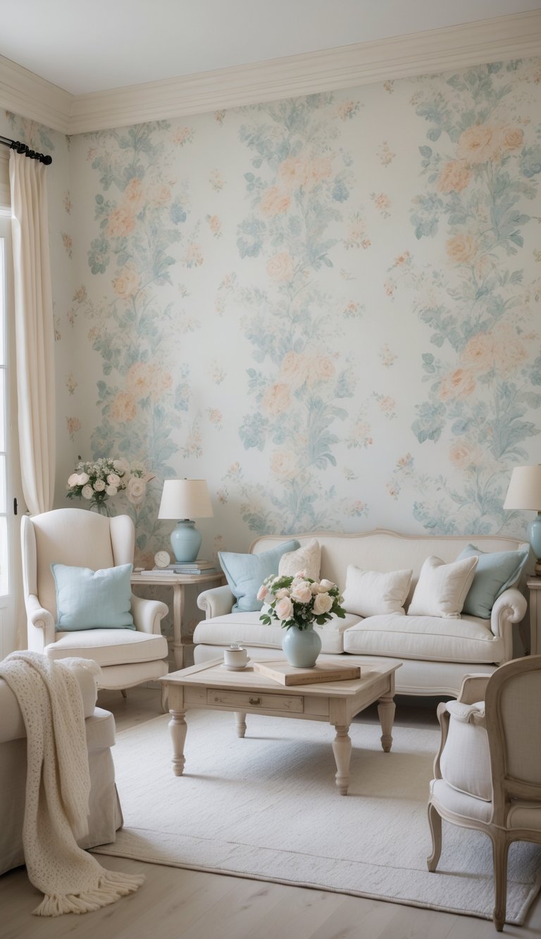 A bright living room with floral wallpaper, light-colored furniture, wooden floor, and natural light coming through windows.