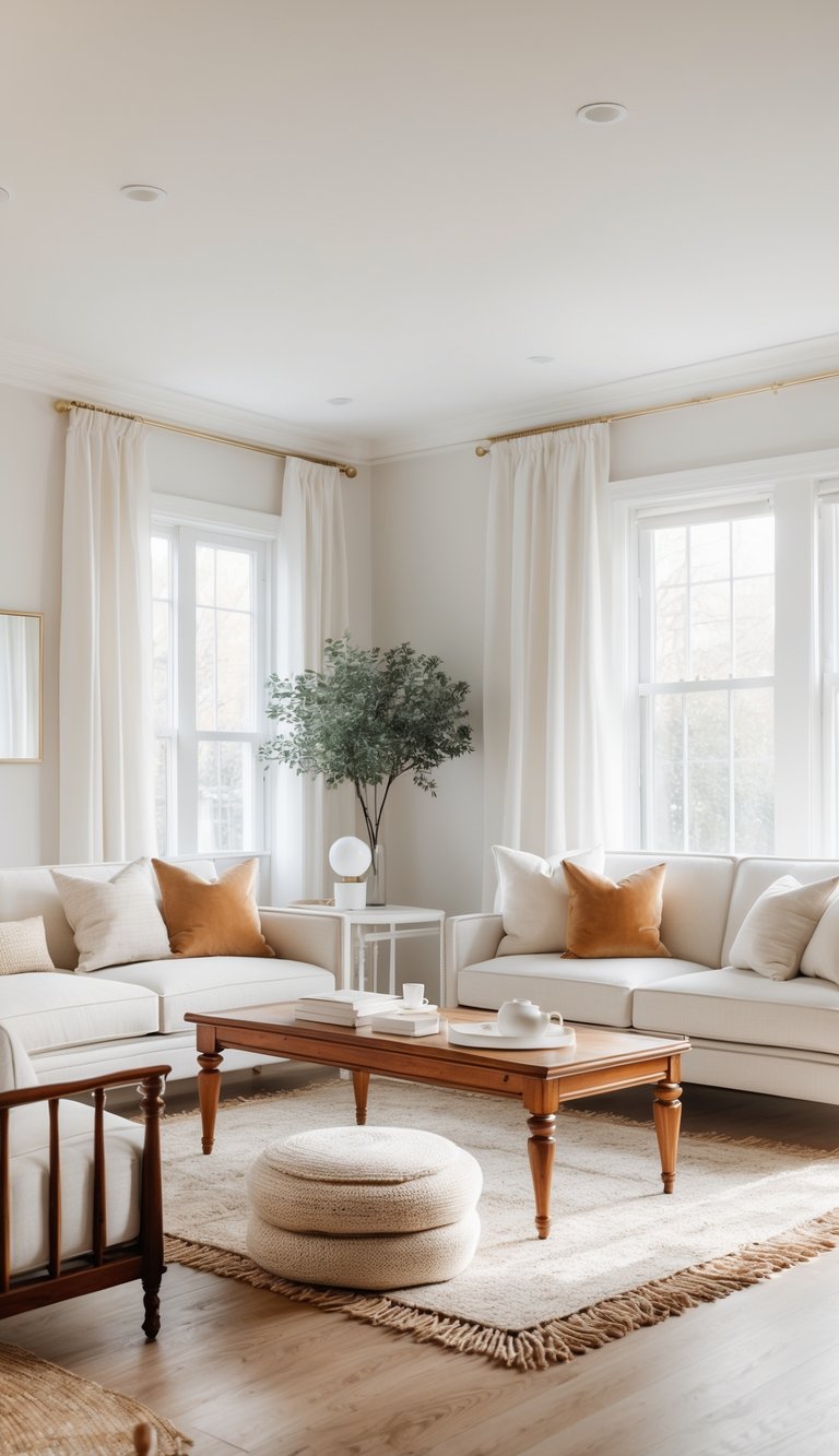 A bright living room with a mix of modern and traditional furniture, including a sofa, coffee table, and textured rugs, arranged in a clean and inviting space.