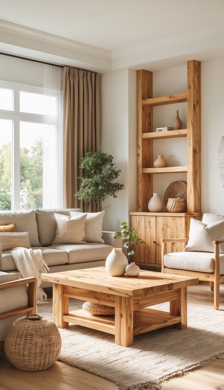 A bright living room with natural wood furniture, a sofa, armchairs, and decorative accents arranged in a clean and inviting space.