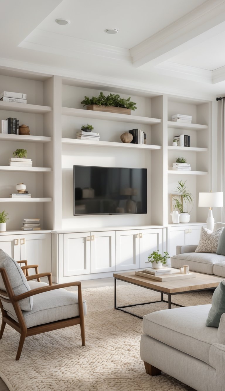 A bright living room with built-in shelves, a sofa, chairs, and a coffee table arranged in a clean and organized space.