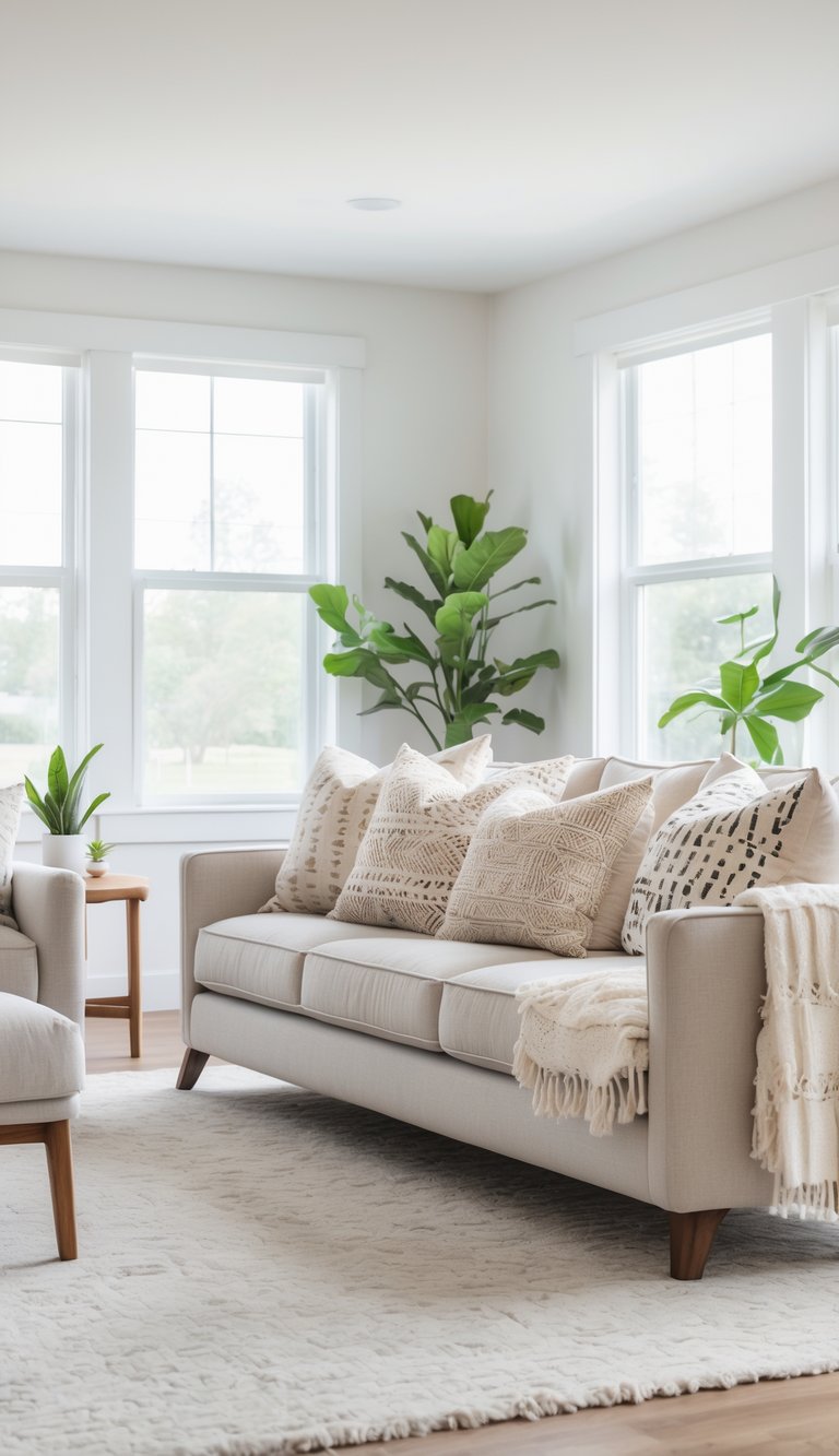 A bright living room with a sofa featuring textured patterned throw pillows, stylish furniture, and natural light filling the space.