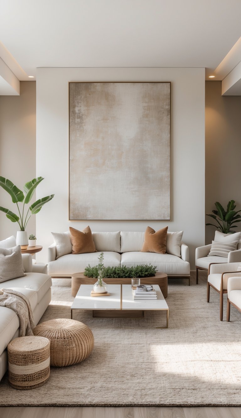 A bright living room with a large artwork on the wall, a sofa, chairs, coffee table, and decorative accessories arranged in an open and inviting space.