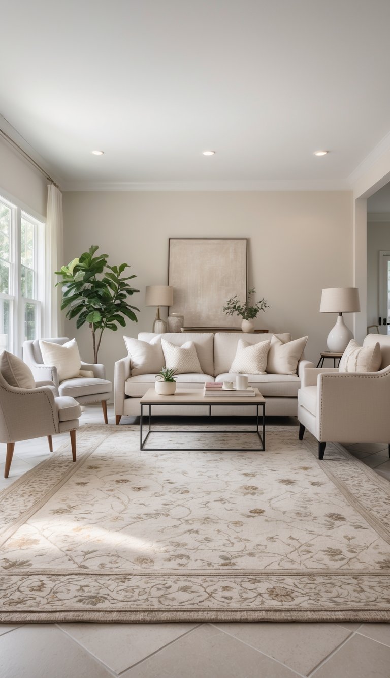 A modern living room featuring a light-colored sectional sofa adorned with plush pillows, flanked by two cozy armchairs. A black metal coffee table sits on a decorative cream rug, with a small plant centerpiece and books. Natural light streams in through large windows beside a tall indoor plant. The walls are painted in soft neutral tones with minimalistic artwork and decorative lamps.