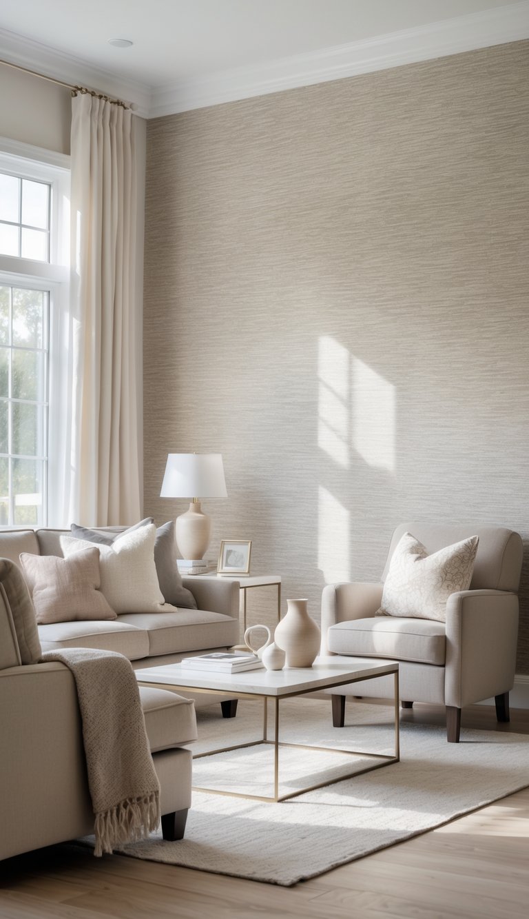 A bright living room with textured wallpaper, a sofa, armchair, coffee table, and natural light coming through large windows.