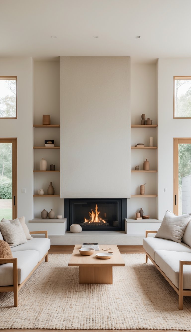 A bright living room with a modern plaster-finished fireplace, wooden furniture, and soft natural light filling the space.