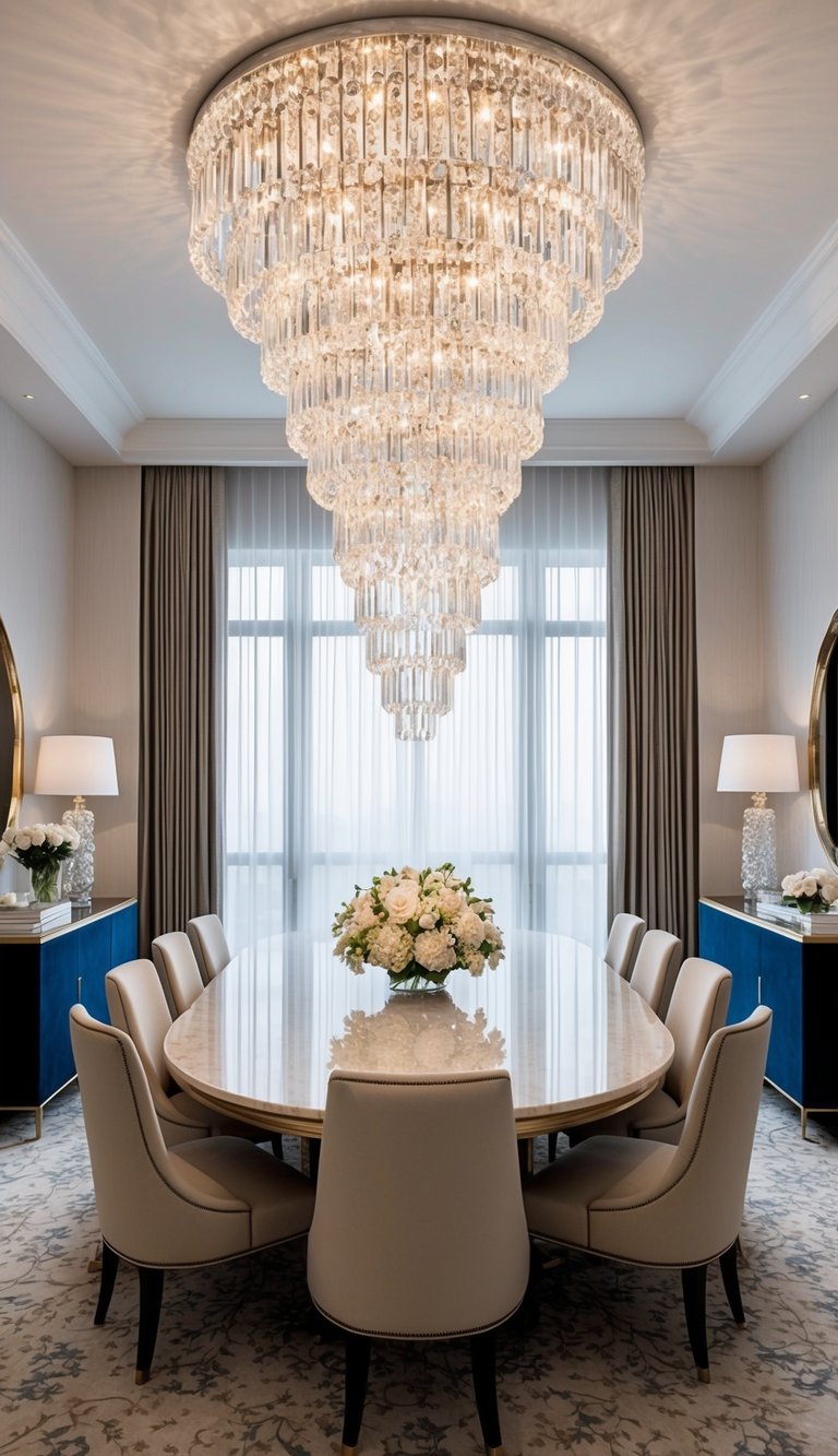 Modern crystal dining room featuring glam dining room idea with tiered chandelier, glossy oval table, cream chairs, and blue credenzas.