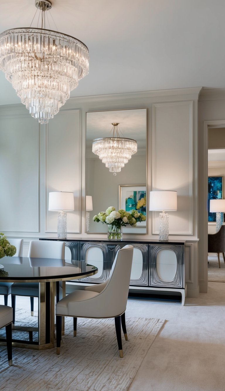 Contemporary glam dining room with tiered crystal chandelier, paneled walls, mirrored buffet cabinet, cream upholstered chairs, and dark round dining table.