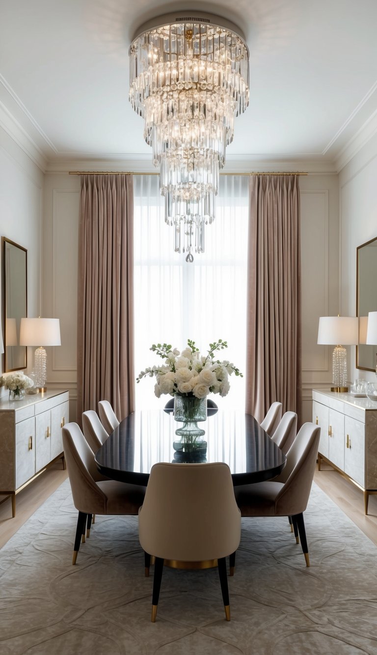 Symmetrical glam dining room idea with tiered crystal chandelier, glossy black oval table, blush curtains, marble sideboards, and neutral upholstered chairs.