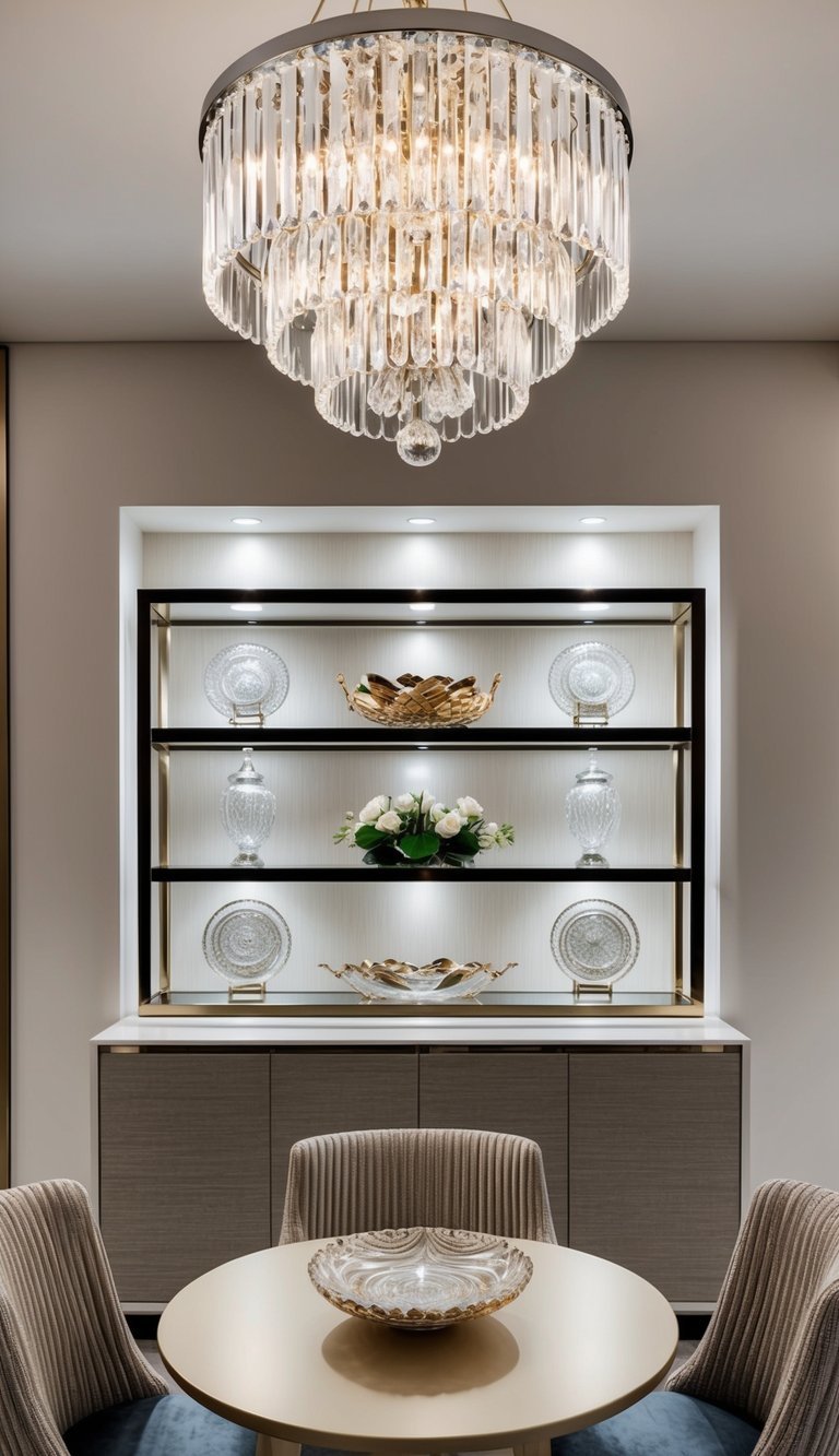 Neutral glam dining space featuring round dining table, crystal chandelier, backlit display shelves, wood cabinets, and decorative glassware.