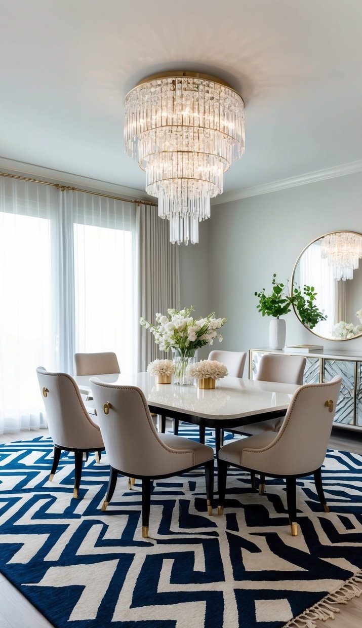 A modern dining room featuring a circular table surrounded by six beige upholstered chairs with gold accents, set on a patterned navy and white rug. A striking crystal chandelier hangs above, and large windows draped with sheer curtains provide natural light. A sideboard with a round mirror and decorative vases adds elegance to the space.