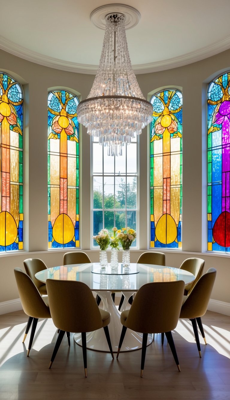 Glam dining room idea with stained glass windows, large crystal chandelier, round glass dining table, and modern upholstered chairs.