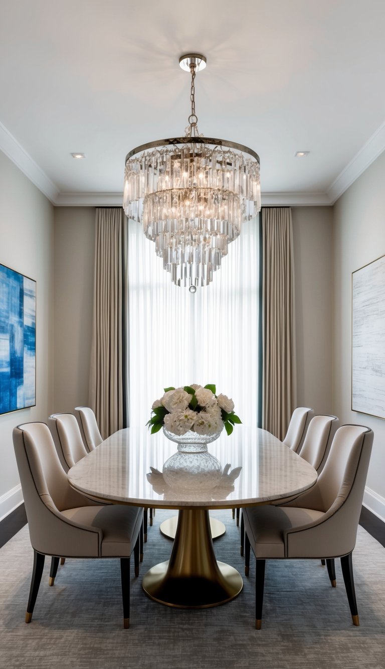 Contemporary glam dining space featuring oval marble table, cascading crystal chandelier, brass pedestal base, neutral chairs, and symmetrical wall art.