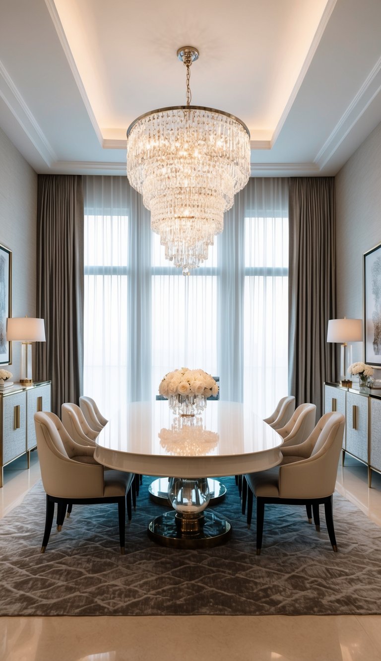 Contemporary glam dining space featuring brass pedestal dining table, cascading crystal chandelier, neutral chairs, and framed abstract wall art.