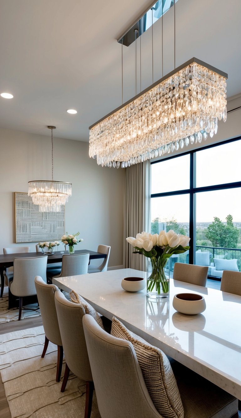 Glam dining room idea with oversized tiered crystal chandelier, glossy oval table, mirrored pedestal base, neutral upholstered chairs, and symmetrical sideboards.