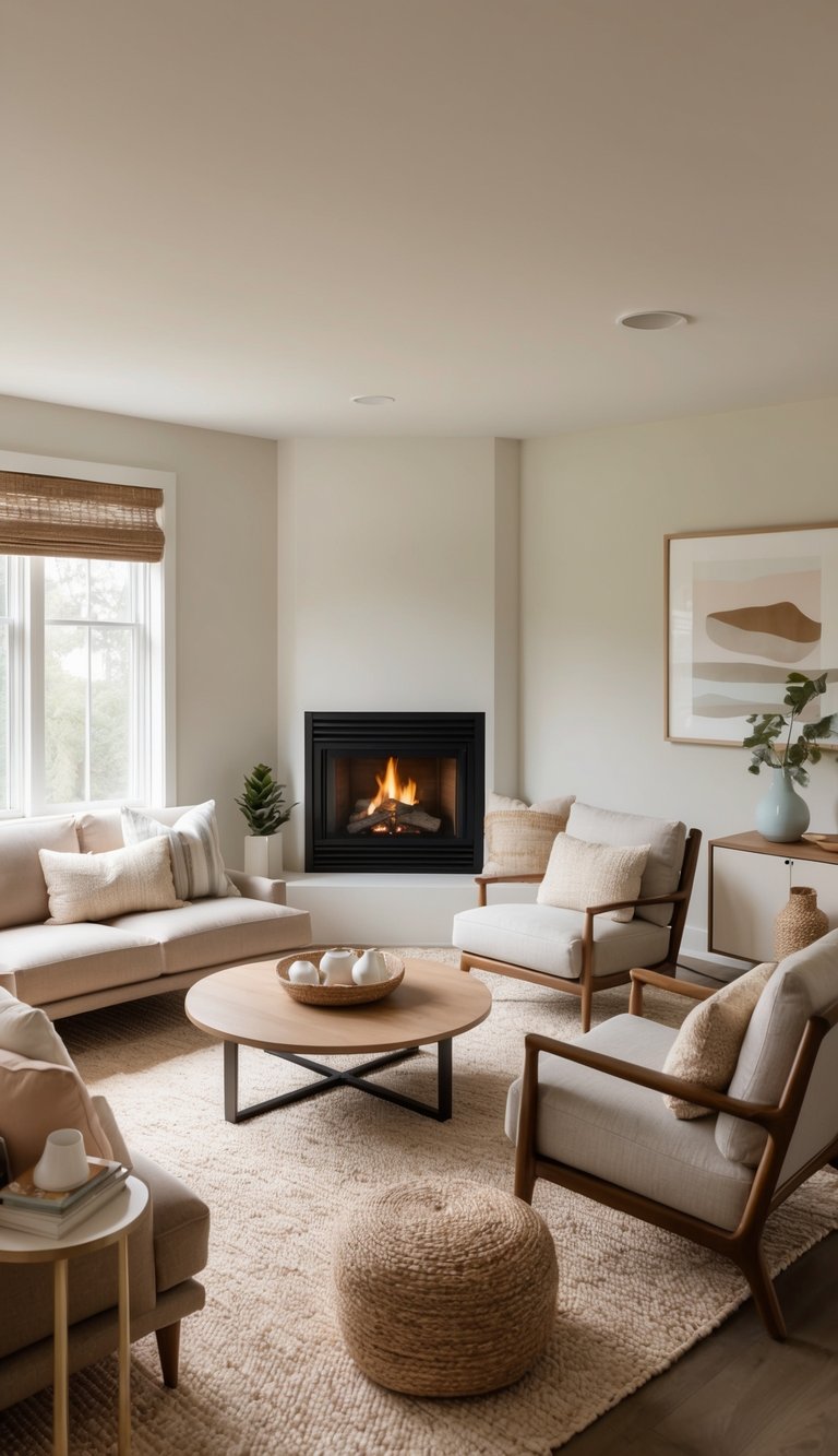 Corner fireplace idea featuring angled wall fireplace, neutral seating, mid-century wood chairs, round wood coffee table, and textured area rug.