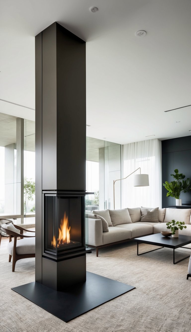 Corner fireplace idea with black steel column, three-sided glass firebox, minimalist hearth plate, and modern open-plan living room.