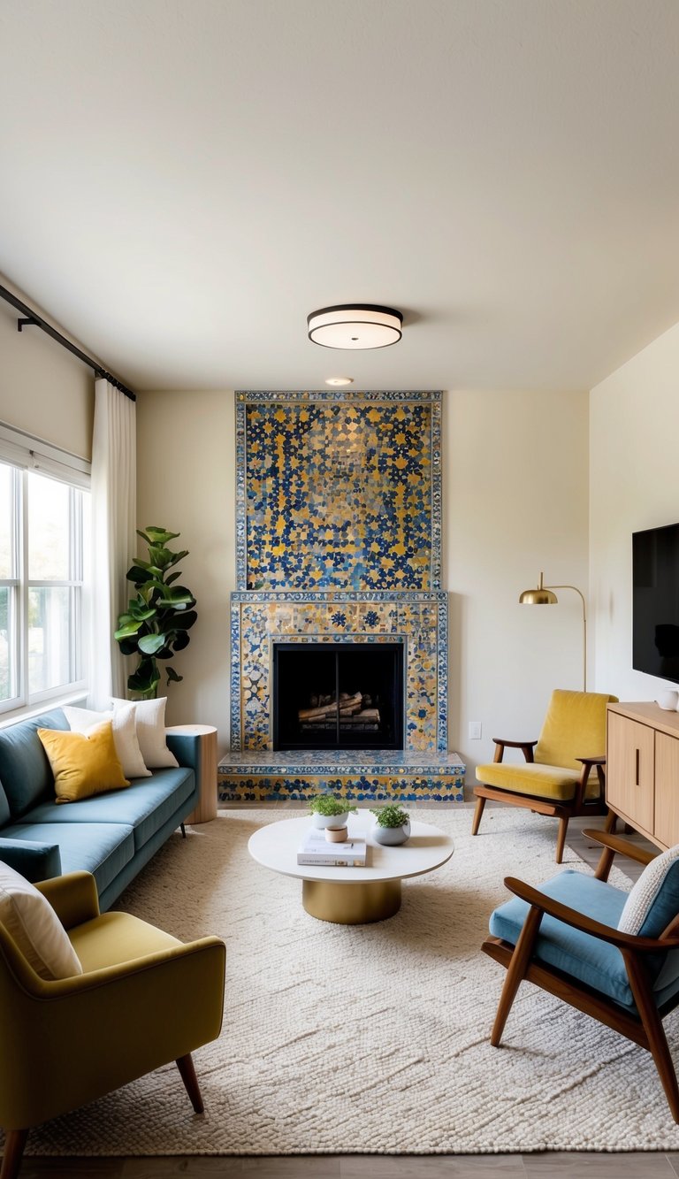 Corner fireplace idea featuring geometric mosaic tile fireplace, colorful blue and yellow pattern, modern seating, and eclectic living room design.