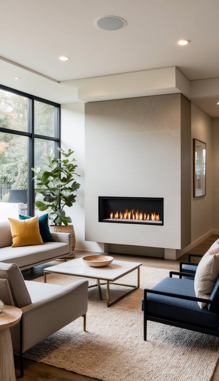 Corner fireplace idea featuring floating tiled enclosure, linear gas fireplace, modern seating, and large black-framed windows.