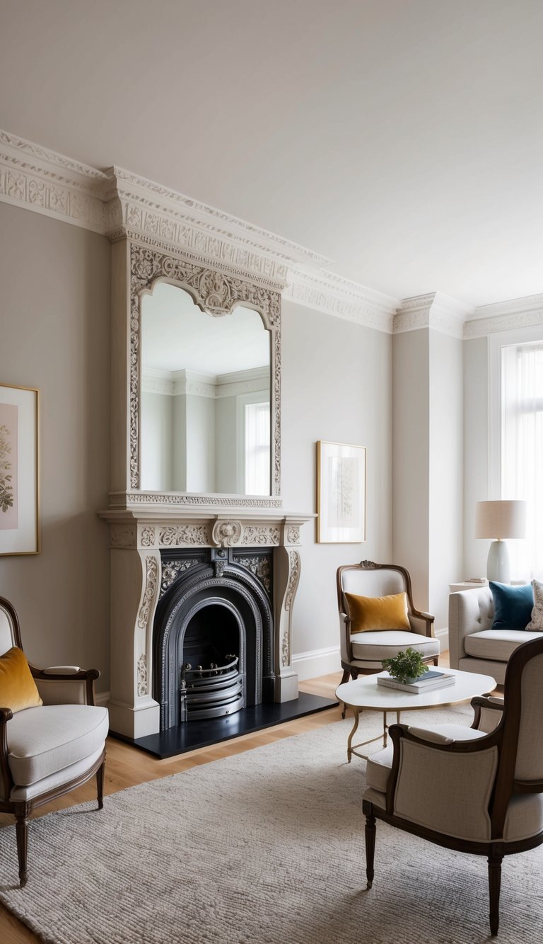 Corner fireplace idea showcasing Victorian revival mantel, decorative plaster carvings, black cast iron fireplace insert, and classic neutral living room.