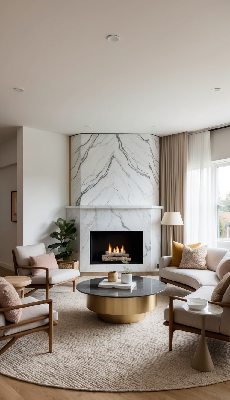Corner fireplace idea featuring full-height marble surround, symmetrical veining, recessed gas fireplace, and contemporary living room furniture.