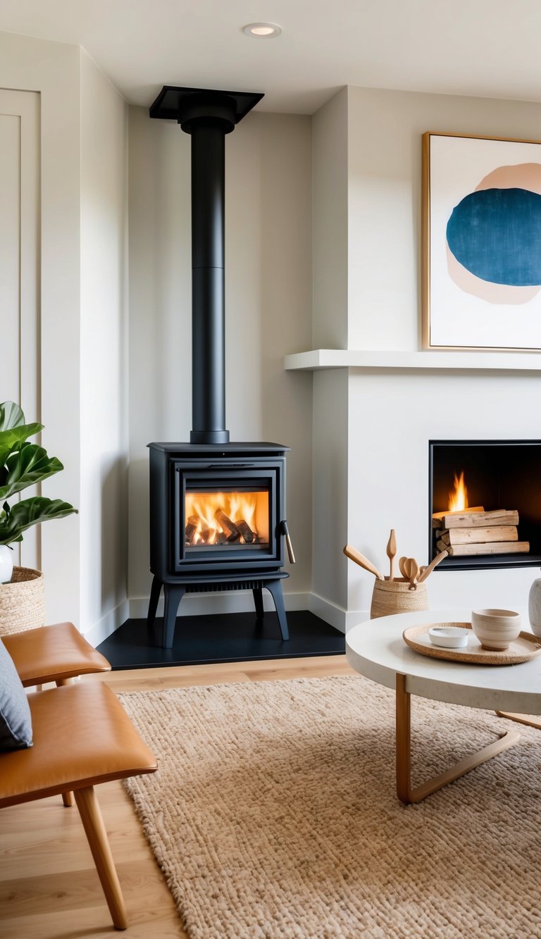 Matte black freestanding wood stove installed in a recessed corner fireplace idea with vertical flue pipe, steel hearth base, and Scandinavian-inspired seating.