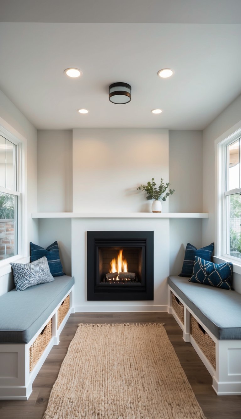 Square gas fireplace centered between custom built-in benches with storage drawers, creating a smart corner fireplace idea in a compact seating nook.